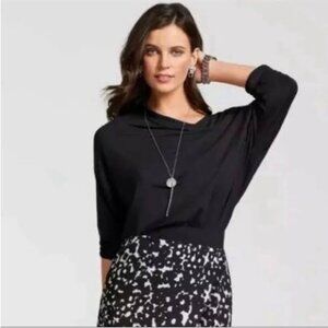 CAbi #5322 Beals  Black Asymmetrical Jersey Knit Sweater Top Size Small.